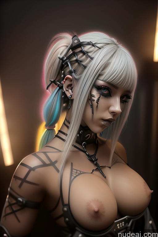 ai nude image of arafed woman with piercings and a choke posing for a picture pics of Bimbo Close-up View Rainbow Haired Girl Perfect Boobs Bra Pull Down Braided Dream Mecha Girl Gothic Punk Girl