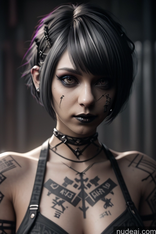 ai nude image of arafed woman with tattoos and piercings posing for a picture pics of Sorority Cyberpunk Graphics Nude Close-up View Rainbow Haired Girl Braided Perfect Boobs Short Hair Gothic Punk Girl