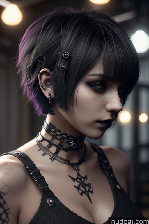 ai nude image of a close up of a woman with a choke and piercings pics of Sorority Cyberpunk Graphics Nude Close-up View Rainbow Haired Girl Braided Perfect Boobs Short Hair Gothic Punk Girl