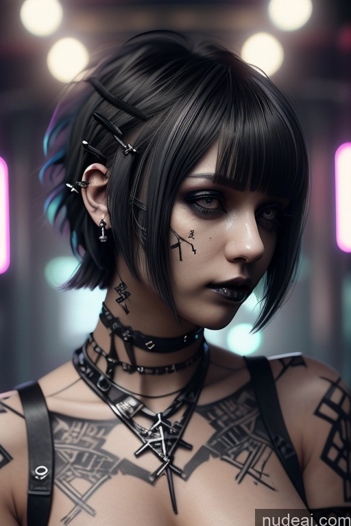 ai nude image of arafed woman with tattoos and piercings posing for a picture pics of Sorority Cyberpunk Graphics Nude Close-up View Rainbow Haired Girl Braided Perfect Boobs Short Hair Gothic Punk Girl