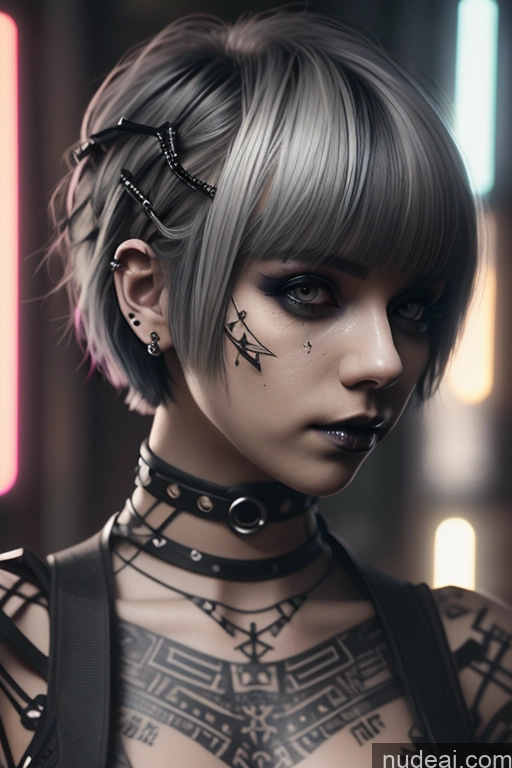 ai nude image of there is a woman with tattoos on her chest and chest pics of Sorority Cyberpunk Graphics Nude Close-up View Rainbow Haired Girl Braided Perfect Boobs Short Hair Gothic Punk Girl