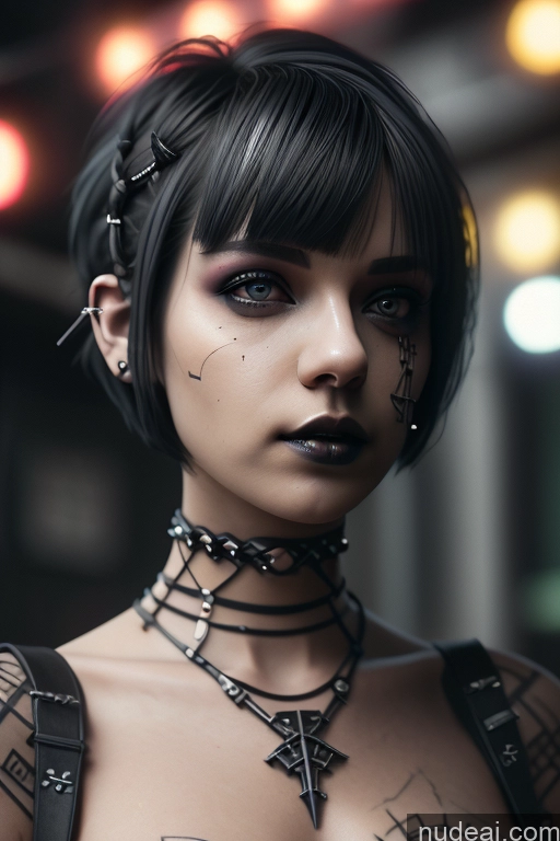 ai nude image of arafed woman with a tattoo on her chest and a choke pics of Sorority Cyberpunk Graphics Nude Close-up View Rainbow Haired Girl Braided Perfect Boobs Short Hair Gothic Punk Girl