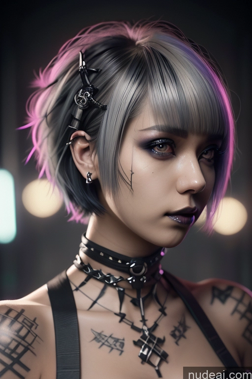 ai nude image of arafed woman with a tattoo on her chest and a choke pics of Sorority Nude Close-up View Rainbow Haired Girl Braided Perfect Boobs Short Hair Gothic Punk Girl Raiden Mei