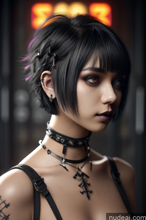 ai nude image of a close up of a woman with a choke and piercings pics of Sorority Nude Close-up View Rainbow Haired Girl Braided Perfect Boobs Short Hair Gothic Punk Girl Raiden Mei