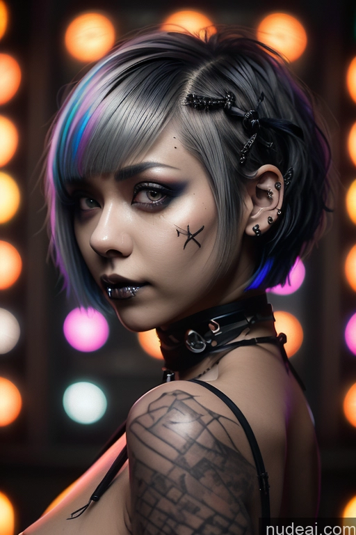 ai nude image of arafed woman with a tattoo on her shoulder and a piercing on her chest pics of Sorority Nude Close-up View Rainbow Haired Girl Braided Perfect Boobs Short Hair Gothic Punk Girl Raiden Mei