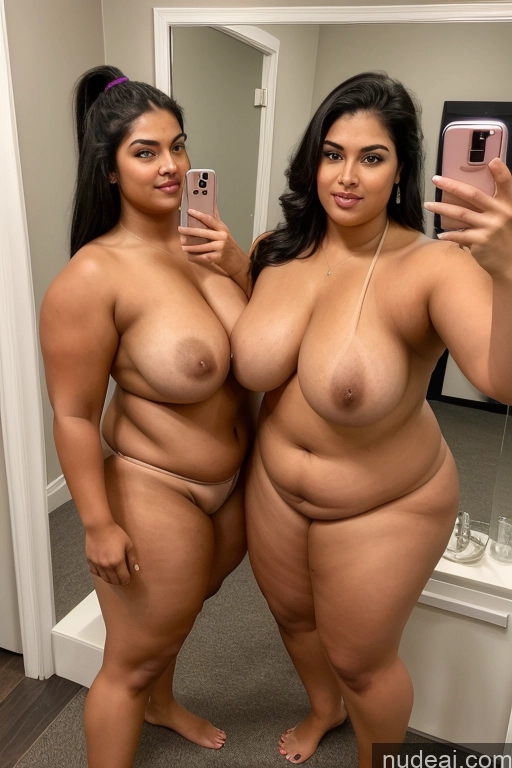 ai nude image of two women taking a selfie in a mirror with their cell phones pics of Black Hair Indian Mirror Selfie Front View Two Woman Beautiful Chubby Perfect Body 18 Seductive Ponytail Changing Room Spreading Legs Blouse Panties Cleavage Partially Nude Jewelry Detailed