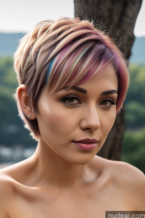 Close-up View Rainbow Haired Girl Braided Perfect Boobs Short Hair Milf Gufengnvhai