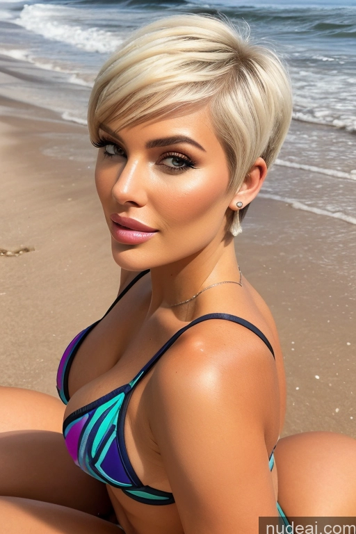 ai nude image of blond woman with short hair sitting on beach with ocean in background pics of Bimbo Nude Close-up View Rainbow Haired Girl Braided Perfect Boobs Short Hair Big Ass Brazilian Squatting Beach