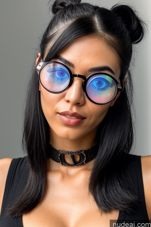 related ai porn images free for Woman One Glasses Skinny 20s Serious Black Hair Pigtails Asian Cyberpunk Party Front View Choker Gloves High Socks High Heels Micro Skirt Crop Top Stylish Cleavage