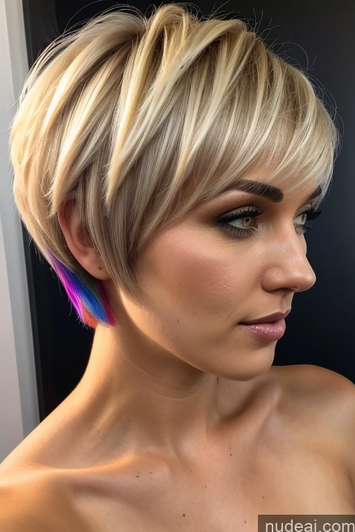 ai nude image of a close up of a woman with a short blond haircut with a rainbow dyed top pics of Short Hair Perfect Boobs Big Ass Close-up View Rainbow Haired Girl Slicked