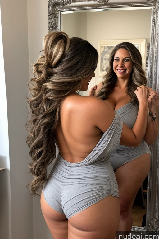 ai nude image of there is a woman that is standing in front of a mirror pics of Huge Boobs Busty Big Ass Big Hips Milf Long Hair Happy Brunette Hair Bun Latina Mirror Selfie Two 50s Bedroom Back View Nude Short Hair