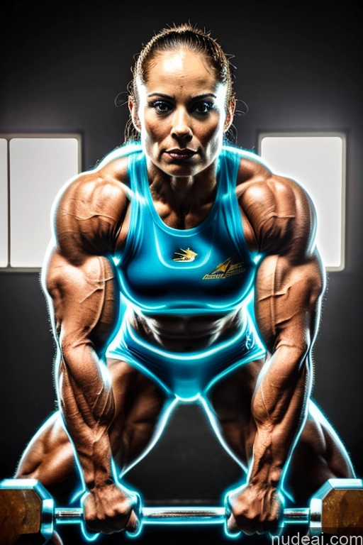 ai nude image of a woman with a blue shirt is lifting a barbell pics of Regal Front View Muscular Busty Cosplay Superhero Captain Marvel Neon Lights Clothes: Red Neon Lights Clothes: Blue Bodybuilder