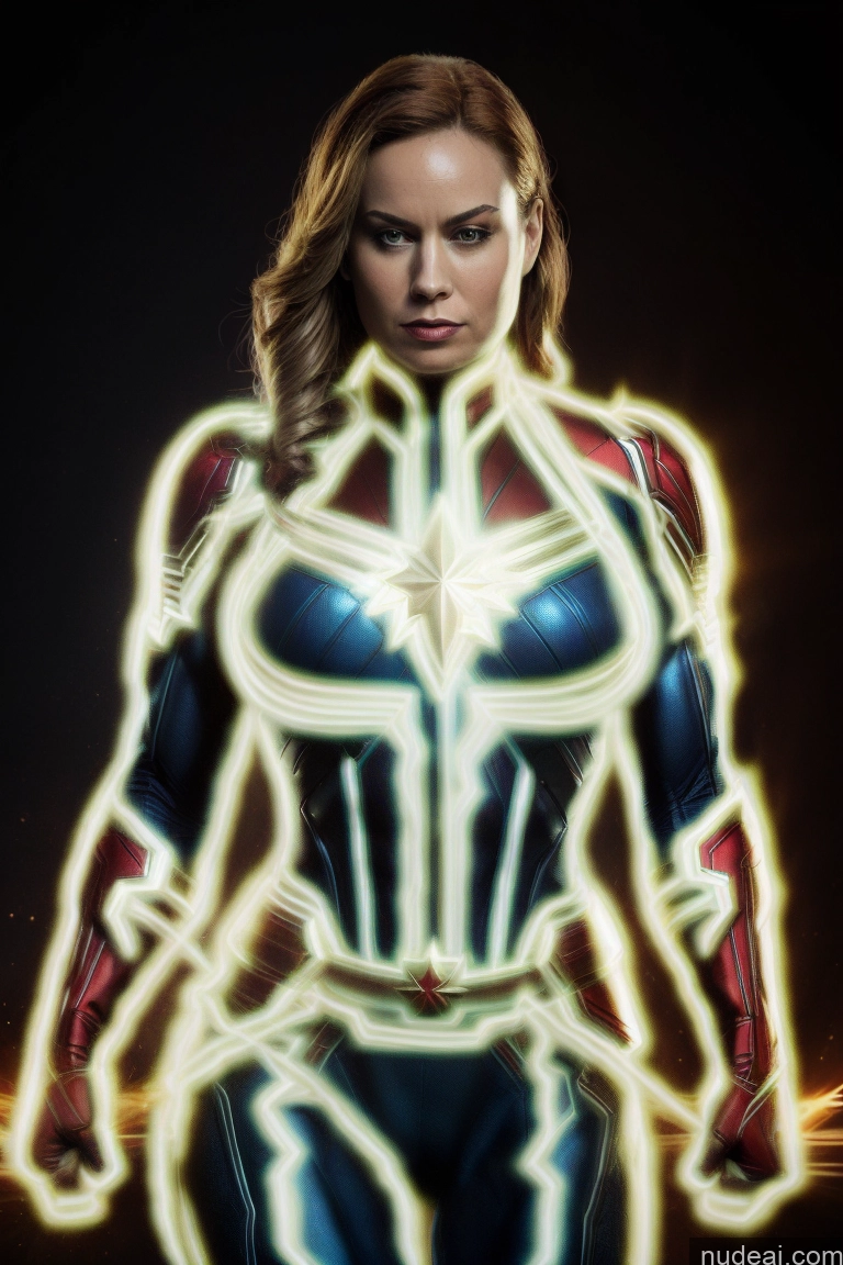 ai nude image of a woman in a suit with a glowing light on her chest pics of Regal Front View Muscular Busty Cosplay Superhero Captain Marvel Neon Lights Clothes: Blue Neon Lights Clothes: Yellow