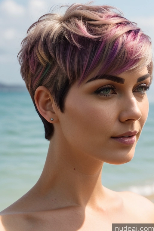 ai nude image of arafed woman with short hair and a pink top on the beach pics of Short Hair Perfect Boobs Big Ass Close-up View Rainbow Haired Girl Slicked Beach