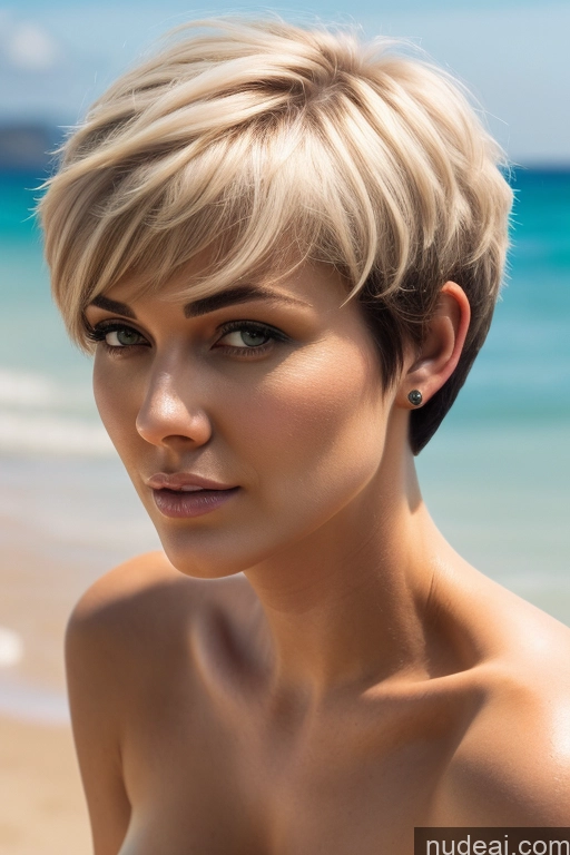 ai nude image of blond woman with short hair on the beach looking at the camera pics of Short Hair Perfect Boobs Big Ass Close-up View Rainbow Haired Girl Slicked Beach