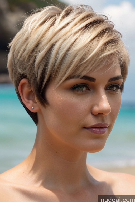 ai nude image of blond woman with short hair and blue eyes on the beach pics of Short Hair Perfect Boobs Big Ass Close-up View Rainbow Haired Girl Slicked Beach