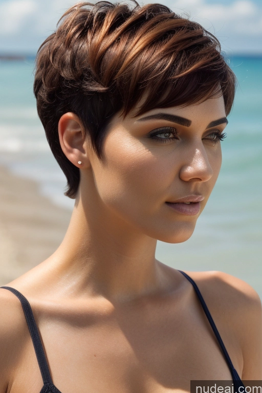 ai nude image of arafed woman with short brown hair and a black bra top pics of Short Hair Perfect Boobs Big Ass Close-up View Rainbow Haired Girl Slicked Beach