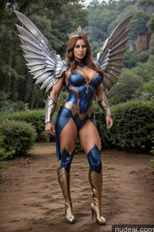 ai nude image of araffe woman dressed in a costume with wings and a crown pics of Regal Cosplay Busty Muscular Front View Has Wings Superhero