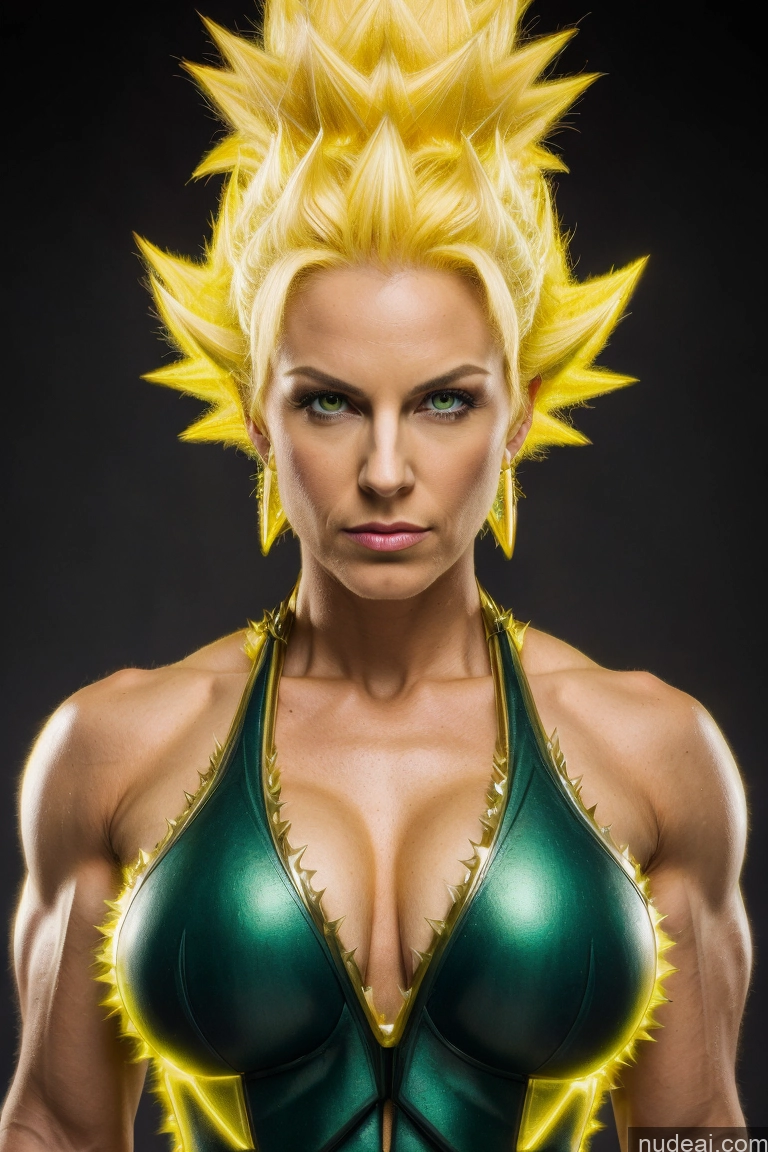 ai nude image of a close up of a woman in a green bikini top with a yellow mohawk pics of Regal Cosplay Busty Muscular Front View Super Saiyan Science Fiction Style Neon Lights Clothes: Yellow Neon Lights Clothes: Red Neon Lights Clothes: Orange