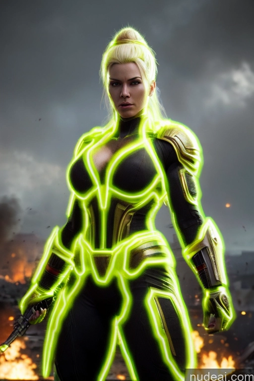 ai nude image of a woman in a neon suit holding a gun in front of a fire pics of Regal Cosplay Busty Muscular Front View Super Saiyan Science Fiction Style Neon Lights Clothes: Yellow Battlefield Neon Lights Clothes: Green