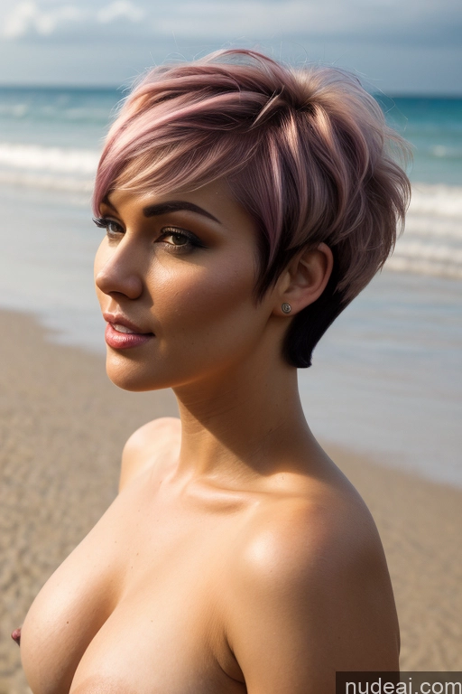 ai nude image of arafed woman with pink hair on the beach posing for a picture pics of Short Hair Perfect Boobs Big Ass Close-up View Rainbow Haired Girl Slicked Beach