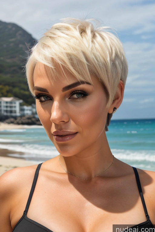 ai nude image of blond woman with short hair and black bra top on beach pics of Short Hair Perfect Boobs Big Ass Close-up View Rainbow Haired Girl Slicked Beach Bimbo