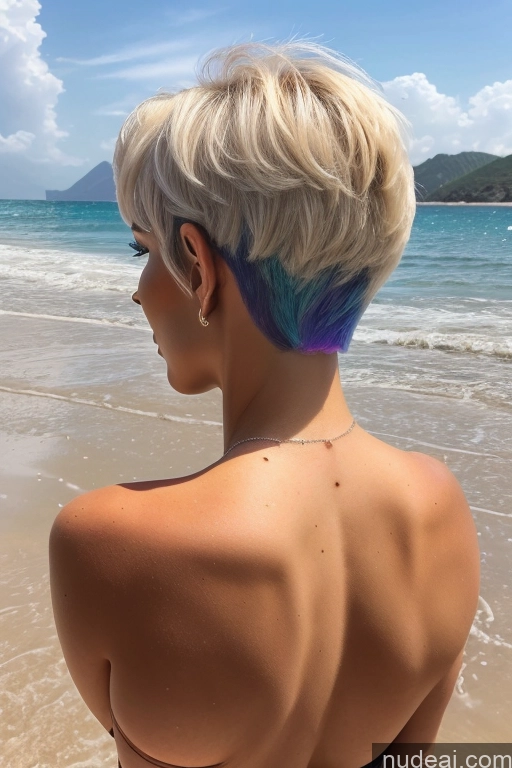 ai nude image of arafed woman with a blue and purple hair standing on a beach pics of Short Hair Perfect Boobs Big Ass Close-up View Rainbow Haired Girl Slicked Beach Bimbo Create An Open Vagina