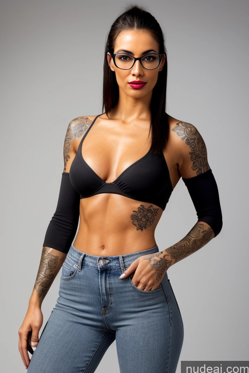 ai nude image of arafed woman with tattoos and glasses posing for a picture pics of Bangs Black Hair Brazilian Fairer Skin Big Hips Long Legs Tall Abs Thick Perfect Boobs Beautiful Glasses Lipstick Tattoos Muscular