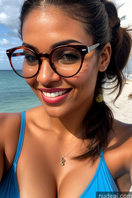 ai nude image of smiling woman in blue bikini with glasses on the beach pics of Model One Beautiful Glasses Perfect Boobs Dark Skin 20s Happy Brunette Pigtails Brazilian Mirror Selfie Beach Front View Cumshot Nude Partially Nude Jewelry Bright Lighting Detailed