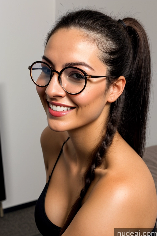 ai nude image of there is a woman with glasses smiling and wearing a black top pics of 18 Happy Small Tits Glasses Beautiful Big Ass Thick Tall Black Hair Ponytail White Mirror Selfie Bedroom Front View Cumshot Nude