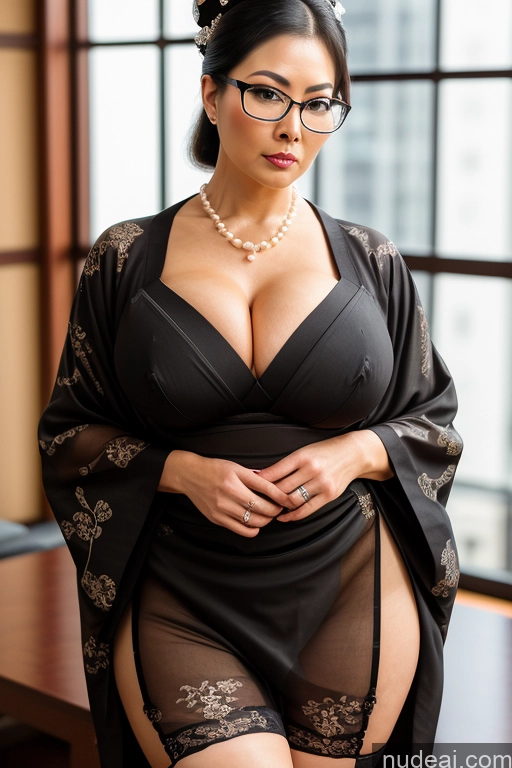 ai nude image of there is a woman in a black robe and glasses posing for a picture pics of Kimono Pearl Jewelry Thigh Socks Ponytail Busty Black Hair Wedding Transparent Diamond Jewelry Perfect Boobs Milf Geisha Seductive Serious Sexy Face