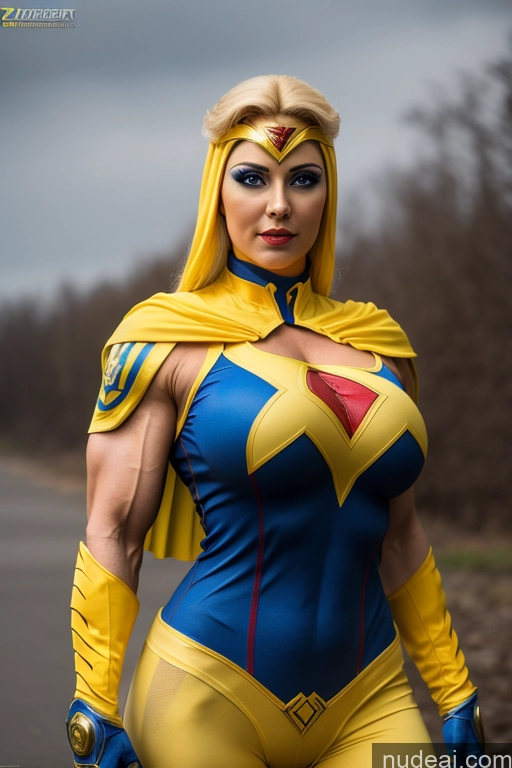 ai nude image of araffe woman in a blue and yellow costume posing for a picture pics of Superheroine Busty Muscular Front View Ukraine Cosplay