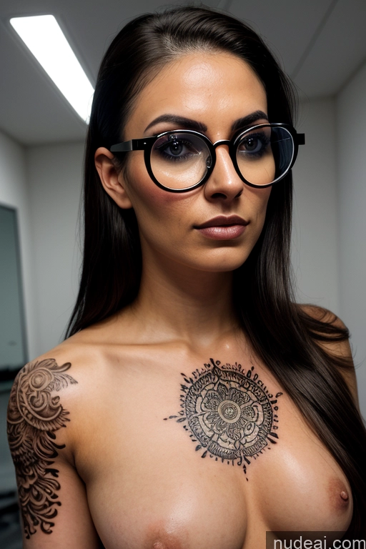 ai nude image of arafed woman with glasses and a tattoo on her chest pics of Woman One Glasses Tattoos Big Ass Brunette Nude Skin Detail (beta) Front View Busty 20s Slicked French Changing Room Serious