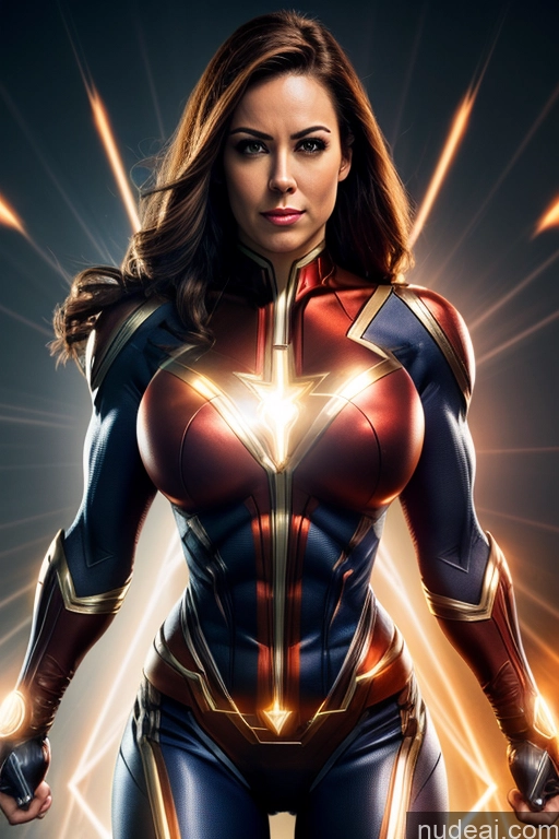 ai nude image of a woman in a costume with a sword and a flash pics of Mary Thunderbolt Busty Muscular Powering Up Heat Vision Neon Lights Clothes: Red Dynamic View Cyborg