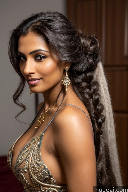 ai nude image of araffe woman with long hair wearing a gold dress and earrings pics of Beautiful Thick Long Hair Woman 30s Seductive Brunette Indian Bedroom Sari Gold Jewelry Detailed Busty Dark Skin Messy Close-up View Cumshot Topless