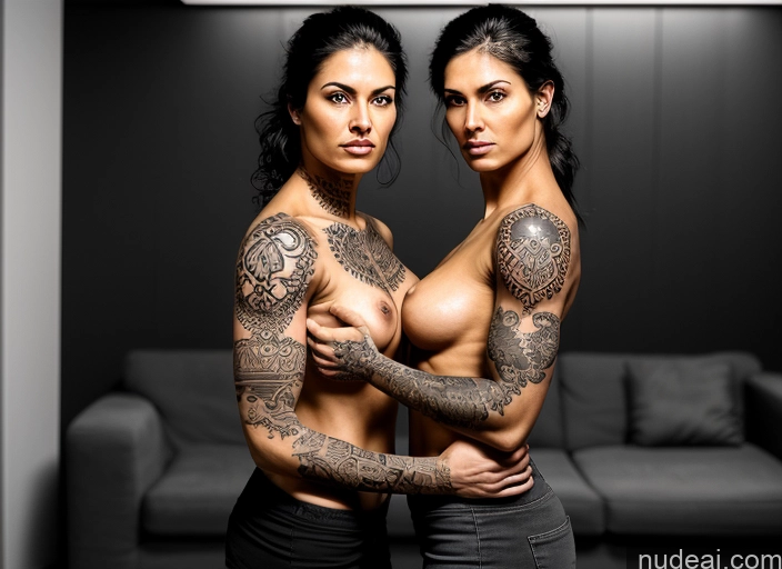 ai nude image of two women with tattoos on their arms and arms are posing for a picture pics of Athlete Two Muscular Perfect Body Tattoos Perfect Boobs Seductive Black Hair Skin Detail (beta) Nude Angry Sad Italian Couch Front View Bdsm 20s Cumshot