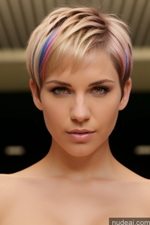 ai nude image of blond woman with multi colored hair posing for a picture pics of Athlete Perfect Boobs Short Hair Nude Close-up View Rainbow Haired Girl Slicked Bra Pull Down