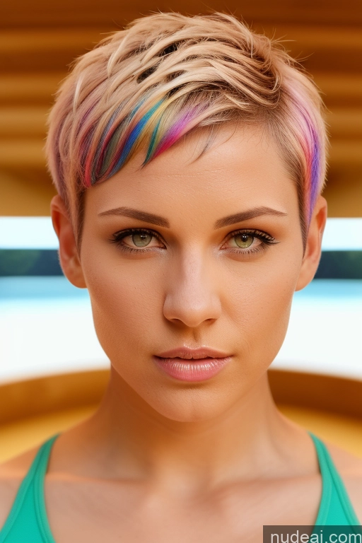 ai nude image of arafed woman with a colorful haircut and a green tank top pics of Athlete Perfect Boobs Short Hair Nude Close-up View Rainbow Haired Girl Slicked Bra Pull Down