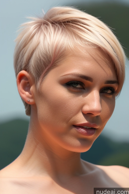 ai nude image of blond woman with short hair and piercings posing for a picture pics of Athlete Perfect Boobs Short Hair Nude Close-up View Rainbow Haired Girl Slicked Bra Pull Down