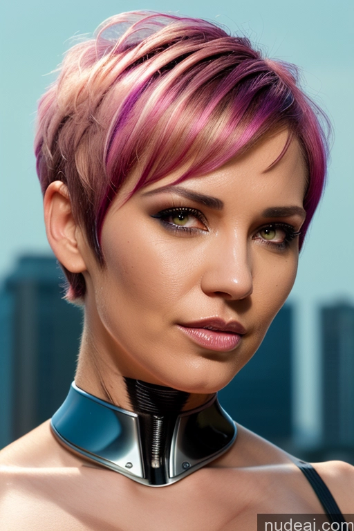 ai nude image of arafed woman with pink hair and collar posing for a picture pics of Perfect Boobs Short Hair Nude Close-up View Rainbow Haired Girl Slicked Dream Mecha Girl Bra Pull Down Cyborg Big Ass