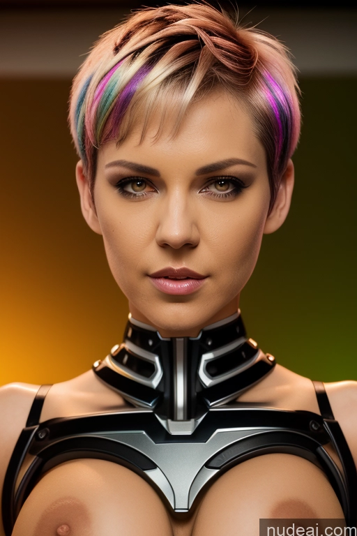 ai nude image of arafed woman with a collar and a leather top posing for a picture pics of Perfect Boobs Short Hair Nude Close-up View Rainbow Haired Girl Slicked Dream Mecha Girl Bra Pull Down Cyborg Big Ass