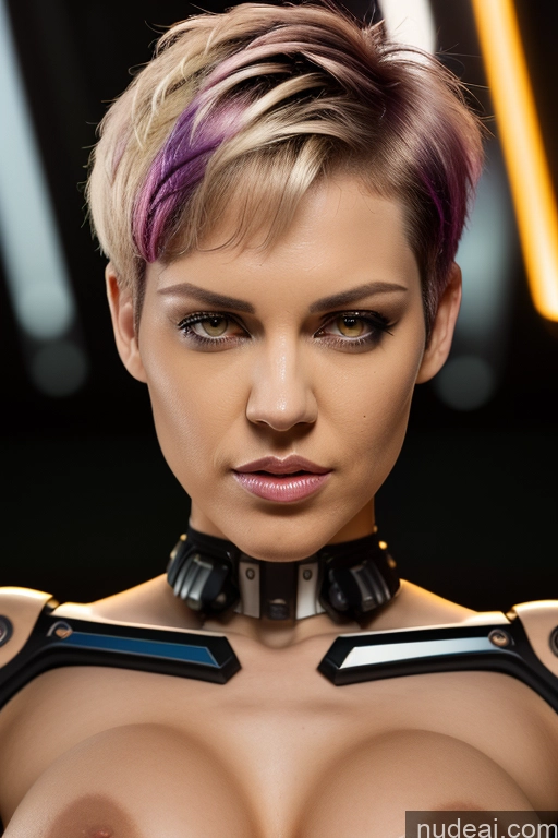 ai nude image of arafed woman with purple hair and a collar around her neck pics of Perfect Boobs Short Hair Nude Close-up View Rainbow Haired Girl Slicked Dream Mecha Girl Bra Pull Down Cyborg Big Ass Two