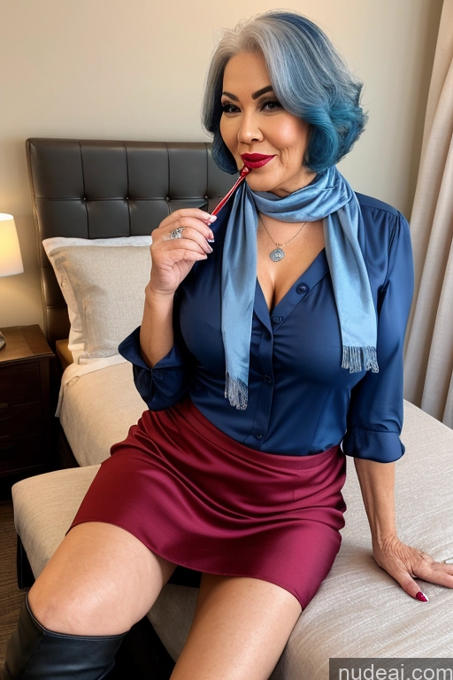 ai nude image of there is a woman sitting on a bed with a blue scarf pics of Busty Lipstick Beautiful Straight Bedroom Front View Spreading Legs Gloves Satin Scarf Boots Seductive Blouse Flight Attendant One Long Skirt Woman Orgasm 70s Asian Blue Hair