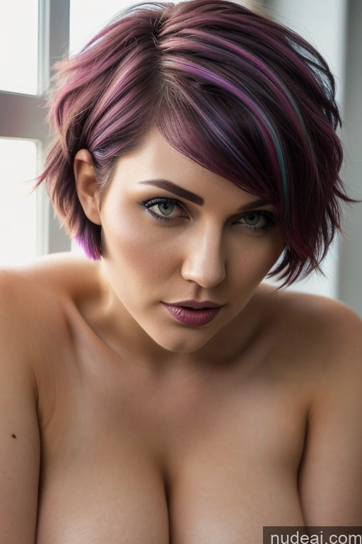 ai nude image of arafed woman with purple hair and a pink top posing for a picture pics of Perfect Boobs Short Hair Close-up View Rainbow Haired Girl Slicked Big Ass Two Straddling Cute Monster