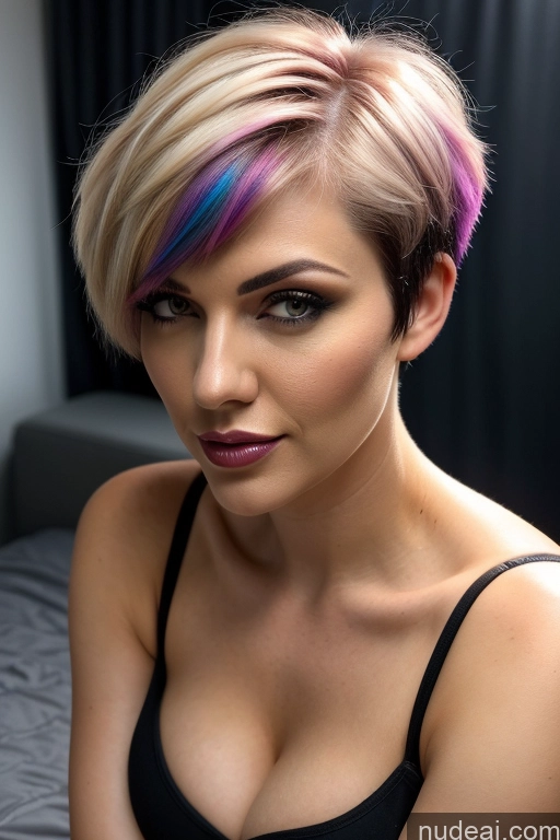 ai nude image of arafed woman with a colorful haircut sitting on a bed pics of Perfect Boobs Short Hair Close-up View Rainbow Haired Girl Slicked Big Ass Two Straddling Cute Monster Witch