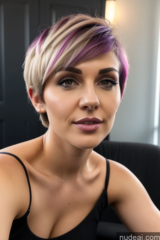 ai nude image of arafed woman with short hair and purple hair sitting in a chair pics of Perfect Boobs Short Hair Close-up View Rainbow Haired Girl Slicked Big Ass Two Straddling Cute Monster Witch