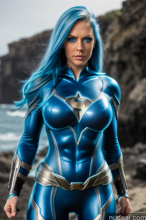 ai nude image of arafed woman in blue costume standing on a rocky beach pics of Busty Muscular Front View Superhero Superheroine Deep Blue Eyes Blue Hair Neon Lights Clothes: Blue