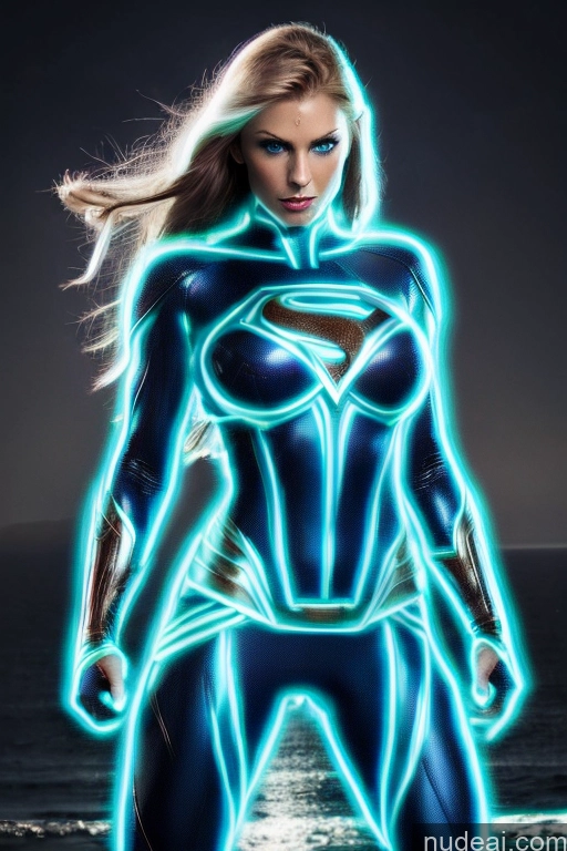 Busty Muscular Front View Superhero Superheroine Deep Blue Eyes Blue Hair Neon Lights Clothes: Blue Neon Lights Clothes: Green