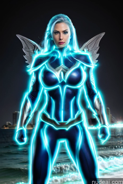 ai nude image of a woman in a blue costume standing on a beach pics of Busty Muscular Front View Superhero Superheroine Deep Blue Eyes Blue Hair Neon Lights Clothes: Blue Neon Lights Clothes: Green Has Wings