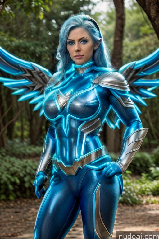 ai nude image of a woman in a blue costume posing for a picture pics of Busty Muscular Front View Superhero Superheroine Deep Blue Eyes Blue Hair Neon Lights Clothes: Blue Has Wings Neon Lights Clothes: Orange Cosplay